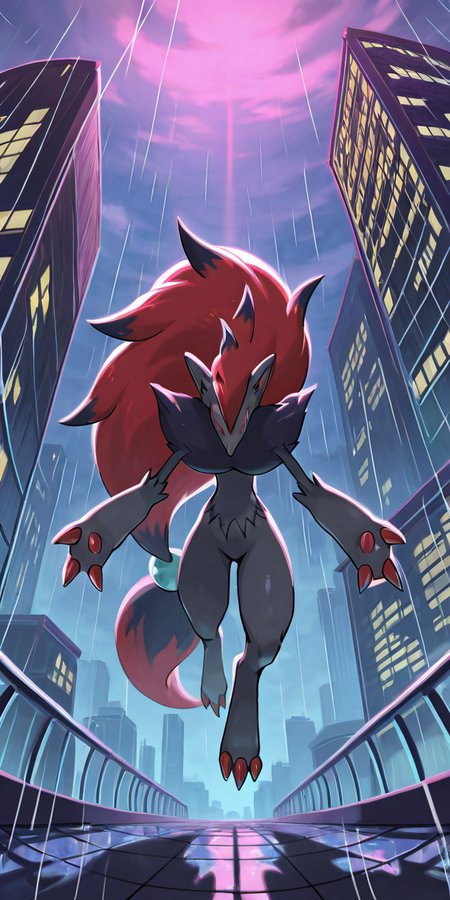 masterpiece, best quality, no humans,    <lora:ZoroarkPokedex_IXL_v1:1.0>,   zzZoroark, city rooftop at night, arms spread, rain falling, neon reflections, dramatic backlight â On a rain-slick rooftop bathed in neon glow, zzZoroark spreads its arms wide, catching the downpour on its open palms. Thunder rolls across the skyline, and streaks of electric blue and crimson ripple through puddles at its feet as the city pulses below.