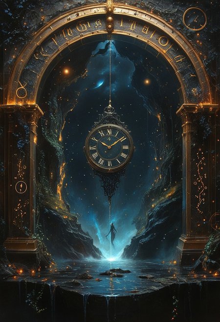 top- down, fantastical and surreal scene, closeup inside of an enormous ancient pocket_clock standing upright with its cover open revealing a magical portal, portal inside the clock, Through the portal is a breathtaking landscape unfolds, towering mountains, a cascading volcano, a steaming river winding through a burned forests, The edges of the pocket_clock are adorned with intricate glowing runes and vines, the clock resting on obsidian floor, mystical touch, illuminated by a crescent moon and twinkling stars, dreamlike and otherworldly atmosphere, sense of adventure and wonder, ((red-blue, artifact,
<lora:aidmaMTG-CardsXL-v0.1:1> ,mtg, mtg card)), view from above, 
(score_9, score_8_up:1.1), score_7_up, a fine color ink lineart sketch, (reflective volumetric), raytracing, absurdres, dark, low-key, 
BREAK
universe, (galaxy:0.5), (nebula:0.5), (stars:0.3)