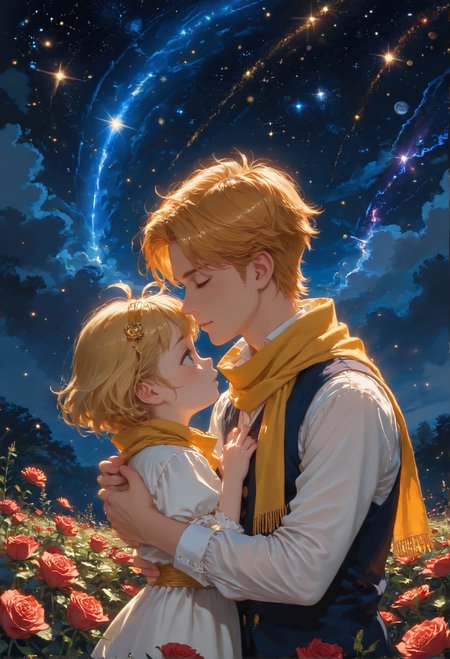 detailed background,Cinematic Lighting,film grain,score_9,score_8_up,score_7_up,zPDXL2,masterpiece,best quality,highly detailed,glowing,hand person,Expressiveh, <lora:(增强)sdxl_lightning_8step_lora:1>,<lora:glowneon_xl_v1:1>, <lora:(增强)Hands XL 4:1>,<lora:(增强)Expressive_H-000001:0.8>, <lora:Vixon\Vixon's Pony Styles Astro:0.8> , little prince, a rose, a fox, little planet, night sky, universe, yellow scarf, yellow hair, 4str0,star \(sky\), earth \(planet\), planet,Le Petit Prince,1boy, child