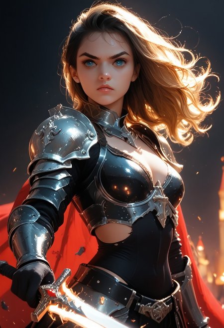masterpiece, best quality, highres, realistic, best quality,
score_9, score_8_up, score_7_up, 
BREAK,
1 girl, (wearing leather armour:1.2), knight, ((holding long sword:1.4)),
BREAK,
1 girl, castle, battlefield, ((wearing leather armour, warrior princess, stand with a sword, fighting pose, ripped leather)), grizzled, long hair, undercut, windswept cape, brown wavy hair, medium breasts, (long sword), close-up, very aesthetic, determined, 
BREAK,
(head and shoulder photography:1.1), (portrait photography:0.7), dark background, dark light, shallow depth of field