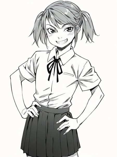 score_9, score_8_up, score_7_up,  
1girl, monochrome, 

kaji haruka, twintails, flat chest, grey hair,


white background, standing, solo, smile, grin, hand on hip, looking at viewer,
white shirt, neck ribbon, short sleeves, school uniform, pleated skirt, 
