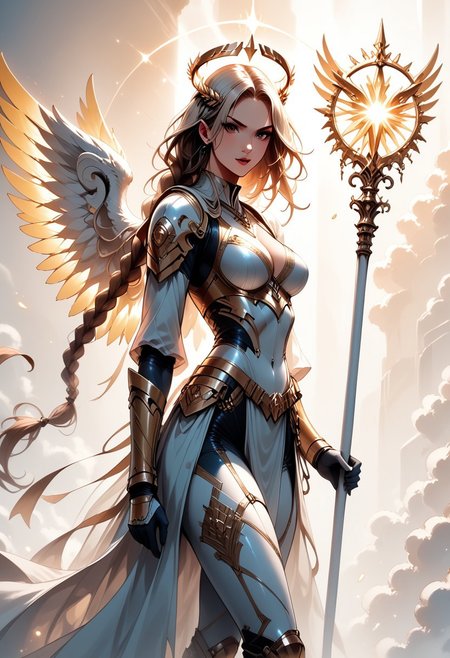score_9, score_8_up, score_7_up, (Western Comics), a full body image of a sexy mechangel girl, caucasian, seductive, (glowing wings), solo, glowing armor, glowing halo, glowing mechanical 4 wings (hyperdetailed:1.15), detailed, light passing through hair, (ultra detailed, high quality texture), (sharp), (artistic image), 32K, 4K, ULTRA HD, small waist, large breasts, tight white bodysuit with, crop: -5, (3/4 portrait), wide view, ((her whole head and hair is visible)), zoomed out, ((wings completely visible)), (from thighs and up), wings folded along her body, cowboy shot, angelify, (monochrome background), (nothing in background), plain background, Long brown hair in high braid, wings fully visible, hkmagic, ((holding a long magical wizard staff by her side with both hands)), staff, attack pose
