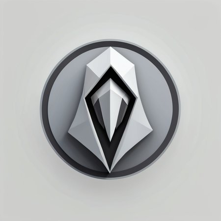 low poly, logotype containing grey and black colors, circle, guardian with hood