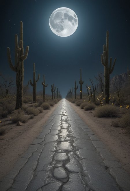 <lora:GeekyXL_Liquid_Marble:0.8>,liquid marbel,Desert dirt road at night under a full moon, lined with tall saguaro cacti (detailed cactus textures: 1.2),  leading into a misty distance,  peaceful and serene (soft lighting:1.1),  pale moonlight bathing the scene,  pale orange flowers,  earth tones,  photorealistic,  long perspective,  wide angle shot,  natural light through the moon, tranquil atmosphere,  (dusty road surface finely detailed:1.0), centered composition,  gentle shadows,  8k resolution,  high detail.