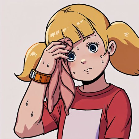 score_9, score_8_up, score_7_up, source_anime, fe9portraits, solo, cowboy shot, simple background, 1girl, female focus, 1girl, penny \(inspector gadget\), solo,blonde hair, twintails, blunt bangs, blue eyes, red shirt, striped shirt, stripe, white stripe, wristwatch, flat chest, upper body, SweatingTowelGuy, sweat, towel, wiping sweat
