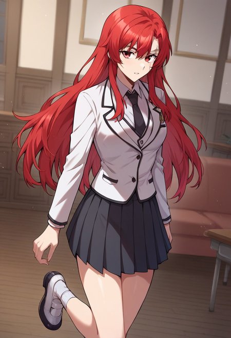 score_9,score_8_up,score_7_up,score_6_up,blurry, blurry background,1girl,irinaf,scar,solo,red hair,long hair,red eyes,socks,shoes,school uniform,white blazer,white shirt,collared shirt,black skirt,long sleeves,pleated skirt,jacket,black necktie,pantyhose,sexy thighs,upper body,volumetric light,indoors,living room,cowboy shot, dutch angle