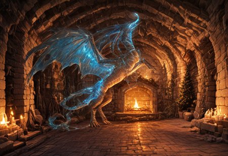 Dragon in Christmas cave, cave, festive cave, Christmas decorations, Christmas lights
(((Sparkling, Sparkly))) glowing dragon, christmas dragon, dragon wrapped in Christmas lights, glowing matrix, glowing Christmas lights, hyper realistic, photorealistic, HD, High detail, High detail eyes, high detail face, wings, glowing wings, light scales, glowing Christmas lights on wings, glowing light scales, tail, tail wrapped in Christmas lights, four legs, 
BREAK 
Snowy background