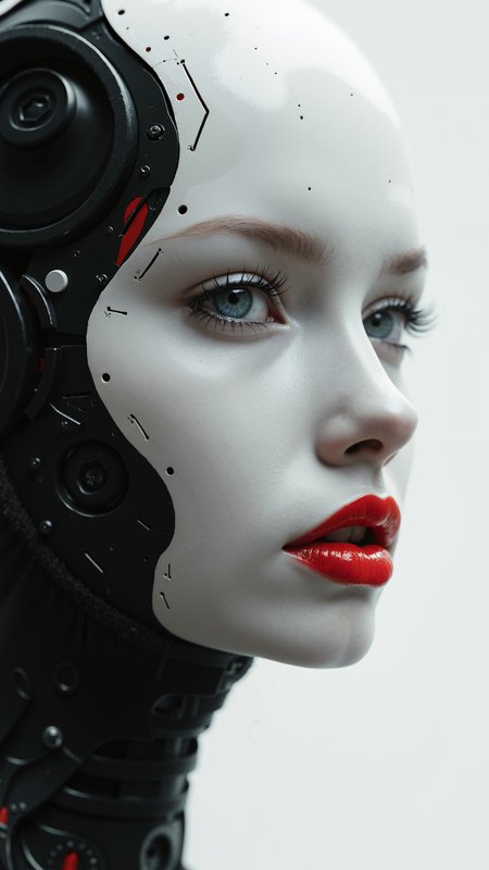biomechanical cyberpunk A captivating minimalist, a shy and alluring woman. The left half of her face is visible, with her delicate features seamlessly merging into a blank canvas of white. Her soft, bright red lips contrast against the monochromatic background, drawing the viewer's attention. Her eyes hold a subtle, mysterious expression that exudes both haunting and enchanting vibes. The simplicity of the composition, with its stark contrast, evokes a sense of ethereal beauty. by Sasan. black background. . cybernetics, human-machine fusion, dystopian, organic meets artificial, dark, intricate, highly detailed