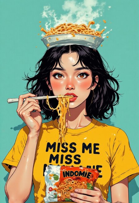 Upper body portrait of an Asian woman with shoulder-length, wavy black hair with subtle caramel highlights, styled in a tousled, effortless manner. She has bright, expressive almond-shaped eyes, defined brows, and wears minimal makeup with just a touch of peachy blush and glossy coral lips. Her expression is playfully mischievous yet seductive as she gazes directly at the viewer. She wears a fitted mustard-yellow t-shirt with the quirky phrase "MISS ME MISS INDOMIE" printed in bold black typography across the chest. She also holding a package of instant noodle with text "INDOMIE".
Against a clean, matte teal background, an INVERTED ramen bowl on her head like a hat, with the BOWL'S BOTTOM FACING UPWARD. The INVERTED BOWL sits at a slight angle, creating an unconventional yet stylish headpiece. She appears about to slurp this single noodle, her lips forming a subtle pucker. Small drops of broth cling to the noodles, catching the light like jewels. The lighting is bright and commercial, highlighting the steam rising from the hot noodles and giving the perfect food advertisement.