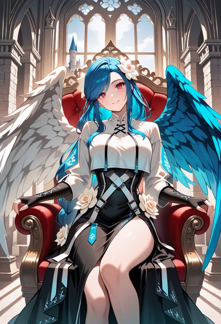 masterpiece, best quality, newest, absurdres, highres ,<lora:DizzyGGIllustrious:0.9>, GGSTRVDZY, blue hair,long hair,  hair flower, red eyes, white cropped vest, elbow gloves, fingerless gloves, black skirt, dress flower,  castle, large window, , smile, 1girl, solo, indoors,  large window, castle,  throne, sitting,  head tilt, frills, side slit,  looking at viewer, asymmetrical wings,