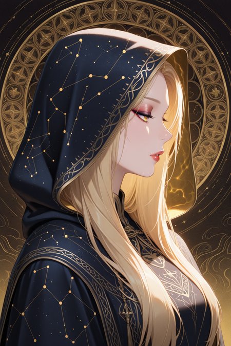 embedding:lazympos, A digital artwork portraying a profile view of a woman with a serene expression. She is adorned in a hooded cloak, which is intricately detailed with golden patterns and symbols. The background is a textured, golden-yellow hue, which contrasts with the dark silhouette of the woman. The womann's makeup is subtle, with a focus on her eyes and lips, which are accentuated with a soft pink shade. The overall style of the artwork leans towards a blend of realism and fantasy, with the gold patterns adding a touch of elegance and sophistication. The golden patterns are intricate. The background is uniform in color. The silhouette is dark. The pink shade is soft. The cloak is hooded. 1girl, solo, long_hair, blonde_hair, upper_body, parted_lips, artist_name, hood, from_side, lips, eyelashes, profile, makeup, half-closed_eyes, lipstick, eyeshadow, hood_up, nose, red_lips, constellation