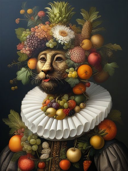 masterpiece,best quality,oil painting,illustration,bear,style of Giuseppe Arcimboldo,fruits,vegetables,flowers,fish and books,<lora:tbh108-sdxl:0.9>,