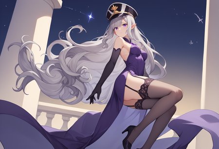 score_9, score_8_up, score_7_up, source_anime, rating_explicit, 
BREAK
<lora:shiAzurLaneV2:1.0>,
shisplashart, 
side slit, purple dress, high heels, elbow gloves, pantyhose, long dress, bare shoulders, jewelry, peaked cap, 
1girl, solo, 
<lora:shiEmiliaV2:0.8> emirng, long hair, grey hair, purple eyes, pointy ears, tiara, wavy hair, very long hair, floating hair, night sky, garter straps,