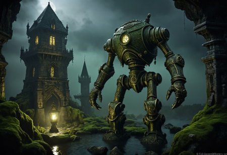 giant bipedal robots olive green and amber, bronze paisley robot. lacy robot gas mask head. outside of a steampunk keep. large detailed torso. dark image. one forty foot tall ancient robot with great arms and two heavy spring legs. dark foggy night background. $dark foggy night image only. dark photo realistic image. steampunk details. cogs, chains and pipes incorporated in the fantasy buildings. magic wizards tower in background. Dark swamp, moss, castle ruins, wizards tower. stormy dark night.