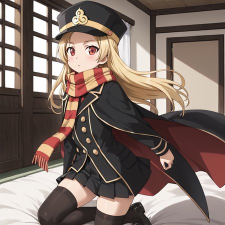 indoors, <lora:chiaki.pony:1> chiaki, 1girl, solo, long hair, blonde hair, red eyed, scarf, striped scarf, shako cap, black headwear, cape, black cape, black coat, flat chest, skirt, pleated skirt, black skirt, black thigh-highs, black loafers,