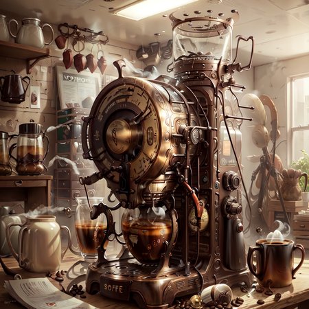 <lora:bronzepunkai2:.9> bronzepunkai, coffee machine