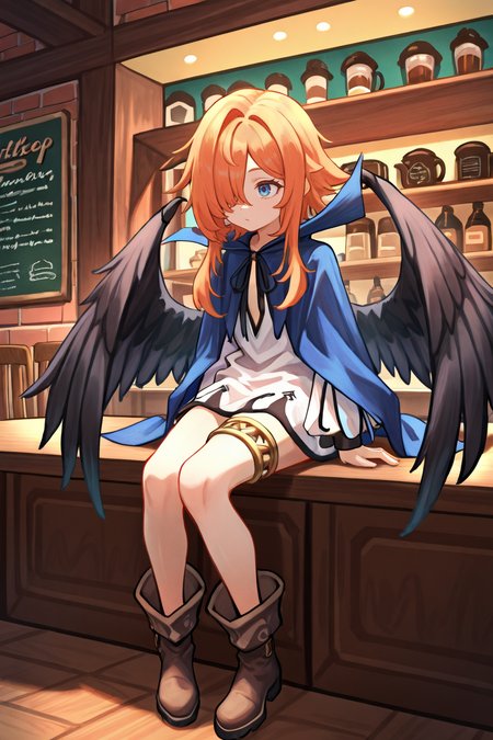 masterpiece, very aesthetic, absurdres, best quality, amazing quality, high resolution, <lora:illustrious_quality_modifiers_masterpieces_v1:0.8> , <lora:ChamIllustriousBackgroundEnhancer:0.5>,  solo,  <lora:No._367IL:0.8> , thrdef, 1girl, orange hair, long hair, medium hair with long locks, (hair over one eye), blue eyes, wings, black wings, feathered wings, dress, white dress, short dress, blue cloak, popped collar, neck ribbon, black ribbon, center opening, long sleeves, thighlet, boots, sitting, full body, coffee shop, interior, noon, counter, tables, chairs,