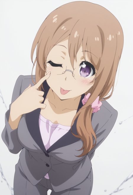 anime screencap, anime coloring,  <lora:DX888Yui:1> saitou yui, purple eyes, brown hair, long hair, hair over shoulder BREAK teacher, glasses, hair scrunchie, suit, grey pants, BREAK simple background, grey background,  marble background, BREAK   1girl, ;p, akanbe, arms behind back,  blush, breasts, cowboy shot,  (eyelid pull:1.3), looking at viewer,  one eye closed, solo, tongue out,  from above, dutch angle, leaning forward,