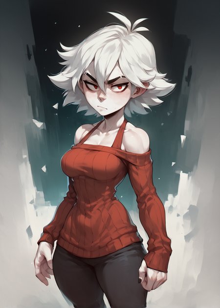 white skins, spiky red short tomboy hair, neutral expression, tight sweater, <lora:NAHIRI:1> nahiri, 1girl, solo, short hair, breasts, bare shoulders, white hair, colored skin,  <lora:Huffslove_Style_PonyXL:1> shortstack, source_anime, score_9_up,  score_7_up, score_8_up