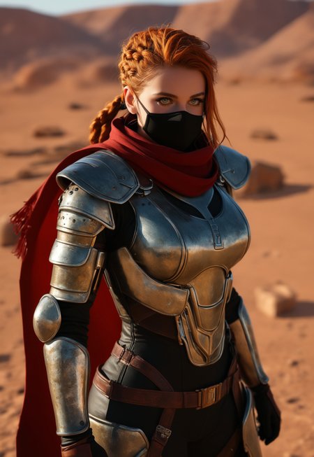 Main Character:
A tall viking-punk woman.
Wearing futuristic plate armor.
A face mask that is also adorned with Celtic runes.
A red cloak covered in Celtic runes.
Ginger braided hair that floats in the wind.
Weapon:
A red Mad-Srgns M41A rifle held in her hands.
Background:
A barren desert with sandy terrain.
Wind that blows her hair and cloak.
Additional Details:
Celtic runes on the armor and cloak.
Futuristic design of the armor and weapon. 
(((full clothed)))
 (8k uhd:1,4)
 <lora:Dynamic Poses:1>
 <lora:detailed_notrigger:1>