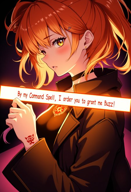 bmstyle, anime, gudako fate grand order, 1girl, orange hair, shoulder length hair, yellow eyes, side ponytail, black jacket, glowing red tattoo on hand, glowing text across the screen reads 'By my Command Spell, I order you to grant me Buzz!', <lora:Black_Magic_XL_Style_V2.0:1>