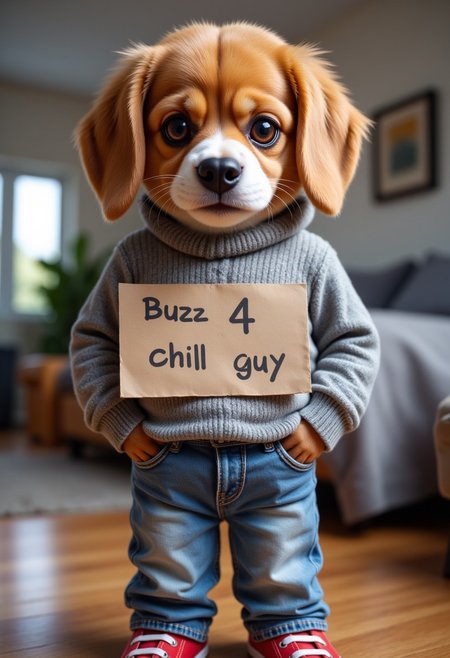 A Photo of Furry beagle brown dog wearing a gray sweater and stone washed jeans and red shoes. The had both hands in pockets. here is standing inside an apartment. She has a cool confident expression with a small half smile. He just a chill guy . chill sleeping eyes, tired half open eyes, There is a paper sign that says "BUZZ 4 chill guy"