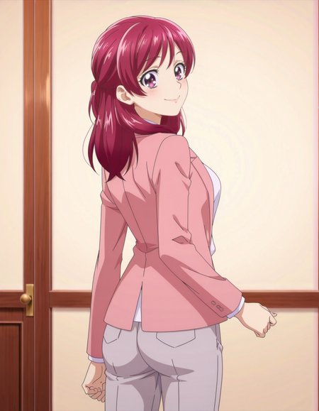 anime screencap, solo,1girl,yumeharanozomi, smile, jacket, pink jacket, shirt, looking at viewer, open jacket, white shirt, open clothes,gray pants, long sleeves,formal, medium breasts,from behind,ass<<lora:yumeharanozomi_IL:0.8>,
high definition,amazing quality,best quality,very aesthetic,masterpiece,absurdres,