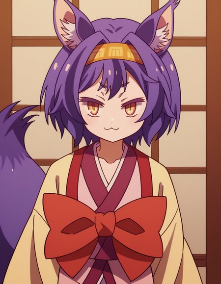 score_9, score_8_up, score_7_up, source_anime, <lora:izuna-hatsuse-s1-ponyxl-lora-nochekaiser:1>, izuna hatsuse, short hair, animal ears, purple hair, hairband, animal ear fluff, fox ears, slit pupils, yellow eyes,, bow, tail, japanese clothes, wide sleeves, kimono, fox tail, short kimono,, museum, art exhibit, paintings, observing, quiet contemplation, cultural experience, , , smug, solo,, cowboy shot, dutch angle