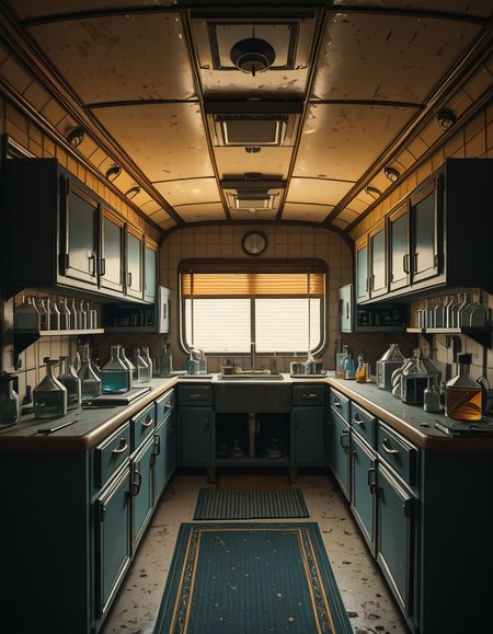 The interior of an old RV converted into a clandestine drug laboratory, inspired by the TV series Breaking Bad. The space is cramped and messy, filled with scientific equipment, glass beakers, flasks, burners, chemical containers, and lab tools scattered around. The walls are aged and stained, with peeling wallpaper and old metallic cabinets. A small sink area is cluttered with dirty lab glassware. The lighting is dim and tinted yellow, with sunlight barely filtering through dusty blinds. The floor is grimy, with a mix of rubber mats and worn carpet. The overall atmosphere is tense and gritty, capturing a sense of secrecy and danger. Hyper-realistic style, cinematic composition, rich in textures and shadows.
<lora:SDXLFaeTastic2400:0.4> <lora:extremely_detailed:0.4> extremely detailed,old RV drug l4b0r4t0ry, <lora:old_RV_drug_l4b0r4t0ry-i:1>, Masterpiece,best quality,hi res,8k,hi res,8k,award winning,(sharp focus, intricate, highly detailed),