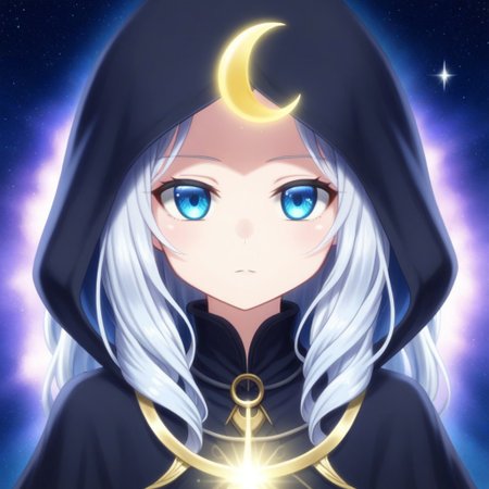 mana_sk style, portrait, focus on face, a mysterious lunar priestess girl with long silver hair and glowing pale blue eyes, wearing a dark hood embroidered with crescent moons and stars, a serene and enigmatic expression, soft moonlight casting a gentle glow on her features, Japanese RPG style, tranquil and sacred atmosphere, intricate details on her hood and the moonlight effects