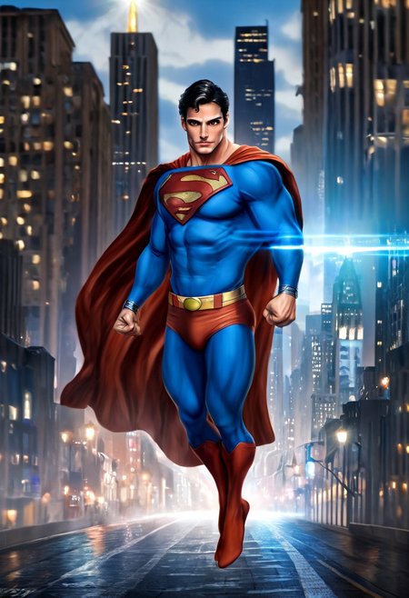 <lora:skyline-Pony:0.8>,sky,city,lights,night,building,tower,scenery,bridge,architecture,cityscape,skyline,outdoors,skyscraper,background,street,humans,river,cloud,painting,tree,water,, Superman, (Height, Approximately 6 feet 4 inches:1), (Build, muscular and toned with an elegant yet athletic figure:1), (Hair, Medium to dark black hair, often styled in soft waves, sleek straight locks, spitcurl, hair color sometimes shifts to lighter shades with highlights:1), (Eyes, Bright blue eyes, one of his most distinguishing features, complemented by his blue costume. His gaze is captivating and expressive:1),  (Skin, Fair to light tanned complexion with a natural, radiant glow, complemented by smooth, clear skin:1), (Superman costume)