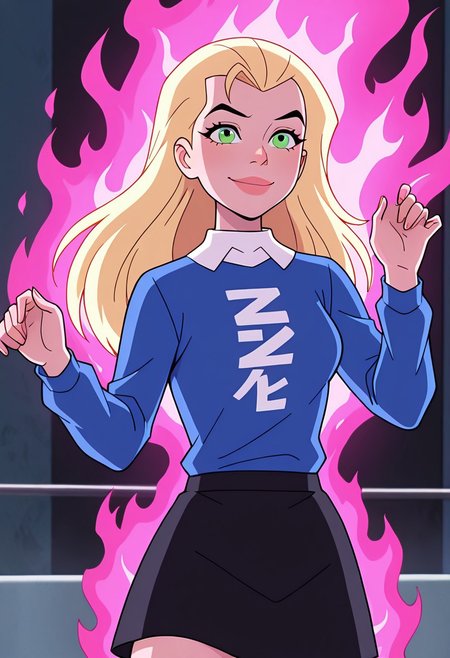 masterpiece, best quality, amazing quality, very aesthetic, absurdres, newest, ((parody, cartoon, screencap))
eunice, 1girl, long hair, blonde hair, lips, , eye liner, 
smile, expressive, facial expression, green eyes, 
blue jumper, white collar, long sleeves, black skirt, pink powers, pink fire,  dynamic pose,