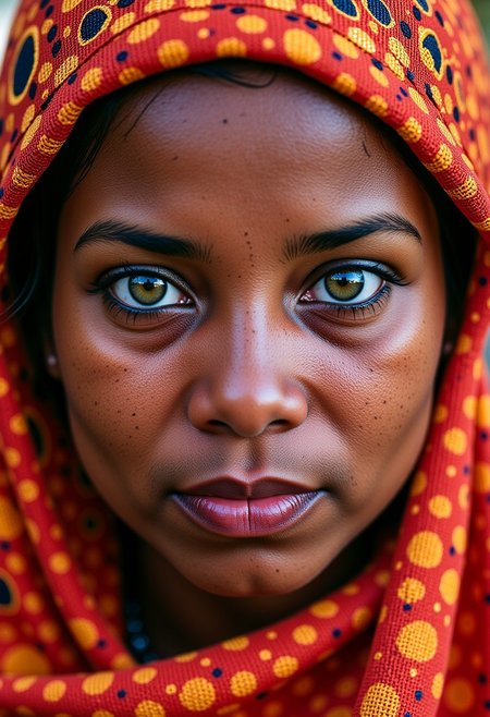 A breathtaking work of fine art photography, inspired by the iconic style of Steve McCurry, portrays a powerful portrait of a young Somali woman with striking green eyes. This cultural snapshot captures the essence and humanity of its subject through emotive imagery that transcends mere documentation. Rich colors burst from every corner of the frame, as if harkening to the vivid textiles and warm tones typical of the region's culture. The image was captured on analog film, imbuing it with a natural grain reminiscent of Kodachrome film stock. Intricate details abound in this masterpiece a from the delicate patterns adorning the woman's traditional headdress to the subtle wrinkles around her eyes that speak volumes about her life and experiences. The image is insanely detailed, yet maintains an organic feel through its use of natural lighting and expert compositional techniques, evoking a sense of intimacy and connection with the subject. This award-winning photography showcases the power of film as a medium for capturing not just images, but moments steeped in emotion and human storytelling.