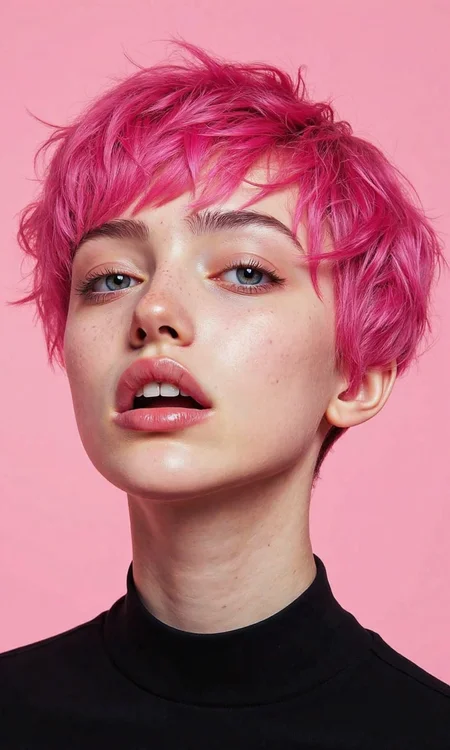 Portrait photograph of a young woman with short pink hair, captured with a Canon EOS R6 camera and a 85mm f/1.4 lens. Set the aperture to f/2.0 for a shallow depth of field, blurring the plain pink background to emphasize the subject. The composition is a centered, medium close-up, similar to the original image. Adjust the shutter speed to 1/160 to ensure sharpness. Set the white balance to daylight for natural, slightly warm tones.  Use soft, even studio lighting, similar to window light, to illuminate her face evenly, showcasing her features and the texture of her pink hair. The woman is wearing a simple black top, as in the original image. Focus on capturing natural skin tones and the vibrant pink of her hair accurately., <lora:FLUX-daubrez-DB4RZ-v2:0.35> DB4RZ, DB4RZ style painting
<lora:Laura H. Rubin:0.35> By Laura H. Rubin
<lora:aidmaMJ6.1_v0.5_3:0.35> aidmamj6.1, aidmamj6