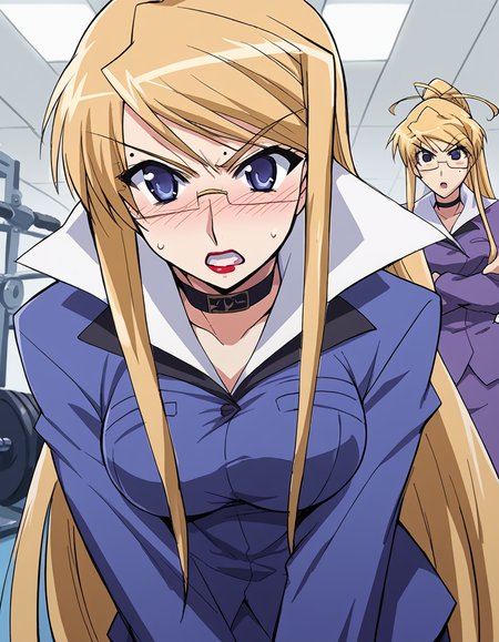 score_9, score_8_up, score_7_up, source_anime, <lora:margery-daw-s1-ponyxl-lora-nochekaiser:1>, margery daw, long hair, blue eyes, blonde hair, large breasts, glasses, mole, makeup, lipstick, choker, formal, suit,, gym, weights, machines, people, sweat, , <lora:x-arms-ponyxl-lora-nochekaiser:1>, x arms, blush, open mouth, leaning forward,, looking at viewer, solo,, dutch angle, cowboy shot