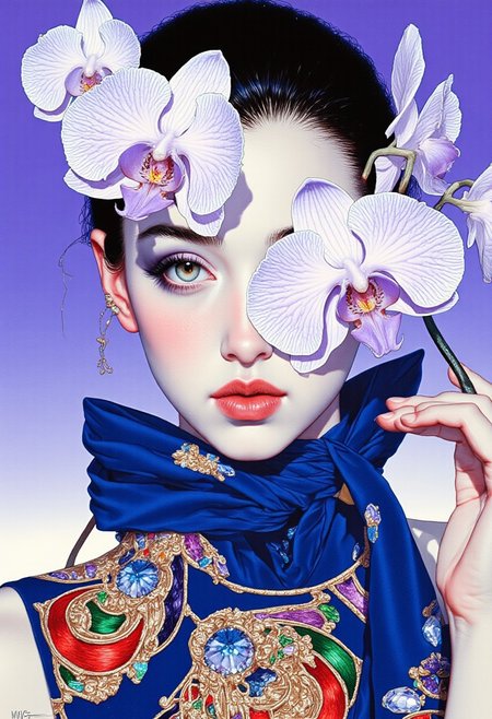 A high-resolution ArsMJStyle, colored pencil hyper-detailed realism featuring an Asian woman with an elegant, serene expression. She has smooth, fair skin and a delicate, petite build. Her dark hair is styled in a high ponytail, emphasizing her refined features. Her face is framed by striking gothic makeup—deep, smoky black eyeshadow extending dramatically past her almond-shaped eyes, sharp winged eyeliner, and bold matte black lips that contrast against her porcelain-like complexion. A striking deep sapphire blue scarf is tied around her neck, its soft fabric adding a delicate contrast against the cool periwinkle background, creating a harmonious and ethereal effect. Her face is partially obscured by large, surreal orchids whose petals are entirely crafted from sparkling rhinestone diamond simulants, each facet catching light and reflecting dazzling hues of crystal white, sky blue, and soft lavender. The orchids emerge from thin, twisting stems that seem to grow from her forehead, enhancing the dreamlike, avant-garde aesthetic. She wears a fitted, sleeveless navy top adorned with intricate, multicolored embroidery in swirling floral and celestial motifs, stitched in shimmering gold, emerald green, and fiery crimson thread. The cool-toned background envelops the scene in a luminous glow, highlighting the interplay between her richly decorated attire, the shimmering gemstone florals, and her gothic allure. The overall composition is a fusion of high fashion and surreal beauty, seamlessly blending nature with futuristic contemporary artistry.