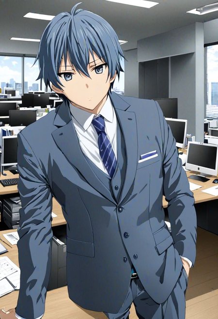 high resolution, solo, best quality, 1Boy, Tomoya Okazaki, Grey Blue Hair, suit, worklife, workspace, OverallDetail