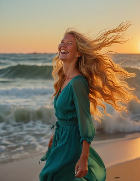 A woman with long, flowing golden blonde hair, her blue-green eyes sparkling with joy. Sheâs standing on a beach at sunset, the wind catching her hair and the waves gently lapping at her feet, her laughter echoing in the warm evening air. <lora:usual-portrait-v2:1>