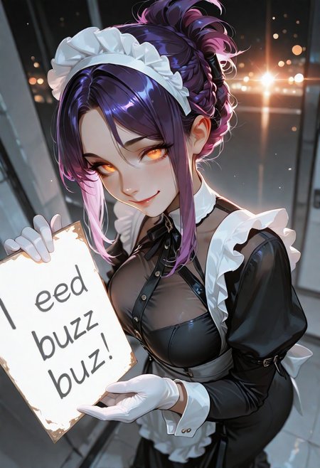 (incase:1.0), masterpiece, best quality,high quality, newest, highres,8K,HDR,absurdres,1girl, depth of field, 
BREAK
masterpiece, best quality, good quality, newest, highres, absurdres, volumetric lighting,gradient color, uncensored,
BREAK 
raytracing, volumetric lighting, ambient occlusion, girl, background, masterpiece, best quality, very awa, absurdres, model style, stylist,
BREAK
ambient occlusion, raytracing, soft lighting, blum effect, masterpiece, absolutely eye-catching, particles, glow, shining, light,light leaks,sunlight,shine on girl's body,bokeh,blurry foreground,ray tracing,lens flare,cinematic lighting, (beautiful face),  
BREAK
masterpiece,amazing quality,best quality,ultra-detailed,8K,illustration,CG,shiny hair,clear skin,ultra-detailed-eyes, detailed background, cute girl, eyelashes, 
BREAK
flirting:1.8,
1girl, solo, solo focus, large breasts, purple hair, folded ponytail, parted bangs, very long sidelocks, crown braid, amber eyes, smile, glowing eyes,
BREAK
white gloves, maid headdress, black long maid dress, long sleeves, tight clothes, white trim, white, looking at viewer, close up, masterwork, masterpiece, best quality, elegant, nose, from above,need_buzz, holding sign