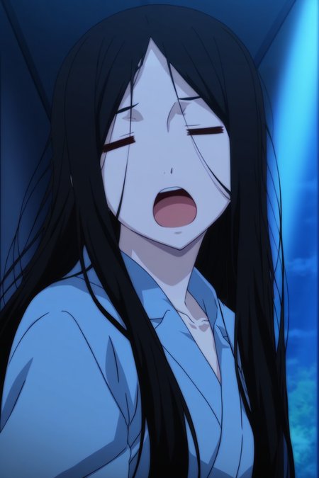 anime screencap,anime coloring,detailed face,masterpiece,best quality,very aesthetic,absurdres,volumetric lighting,official style,amazing quality,ultra detailed,highres,scenery,beautiful detailed hair,beautiful detailed eyes,official anime artwork,<lora:FengBaoBao S2-IL V1:1>,Feng Bao Bao,1girl,solo,long hair,black hair,looking at viewer,upper body,= =,closed eyes,open mouth,