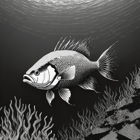 <lora:Macpaint-XL-000015:1>, Macpaint, a black and white pixel close up of a fish in an  underwater scene at the bottom of the sea, pixel art, best quality, 80s, minimalist, dithering, retro art, diver