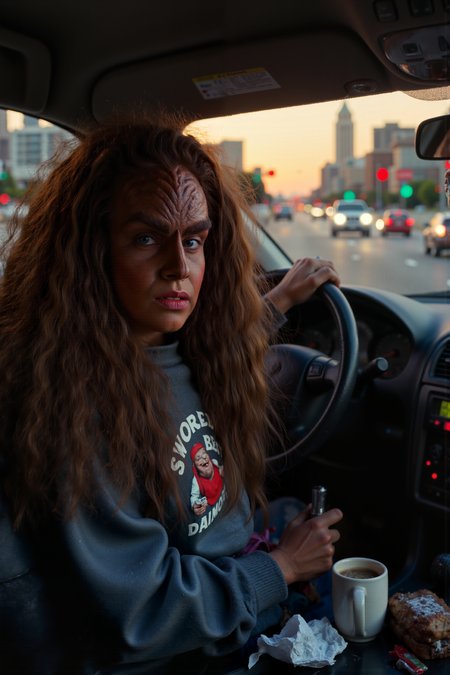 A hyper-realistic portrait, photorealistic photo close-up image of  A Klingon woman with wild, flowing hair sits in the driverâs seat of a minivan, wearing a faded "Worldâs Best Mom" sweatshirt, gripping the steering wheel with a determined expression. Her ridged brow is furrowed as she navigates rush-hour traffic, surrounded by a sea of cars, honking horns, and brake lights glowing in the fading light of early evening. In the back seat, two young Klingon children, dressed in school uniforms, squabble loudly, their backpacks strewn across the floor. The dashboard is cluttered with fast food wrappers, school papers, and a half-finished cup of coffee, while a GPS system flashes directions in bright neon green. Despite the chaos around her, the Klingon mother exudes an air of fierce determination, as though navigating Earth traffic is just another battle to be conquered. Outside, the city skyline looms, bathed in the orange glow of the setting sun, while the faint sound of classic rock plays on the radio. The juxtaposition of warrior spirit and domestic duty is both amusing and oddly inspiring. (photography, high-resolution, dynamic, energetic,hyper-realistic, dramatic lighting, shallow depth of field.)<lora:aidmaMJ6.1-FLUX-V0.1:0.6><lora:Movie_Portrait><lora:Flux DetailerV2><lora:klingon_FLUX:1.1>