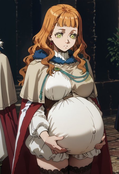score_9, score_8_up, score_7_up, 1girl, detailed, sidelocks,  pregnant, 
dress, cape, fur trim, thigh highs, orange hair, long hair, wavy hair, blunt bangs, green eyes, large breasts, earnings, jewelry,