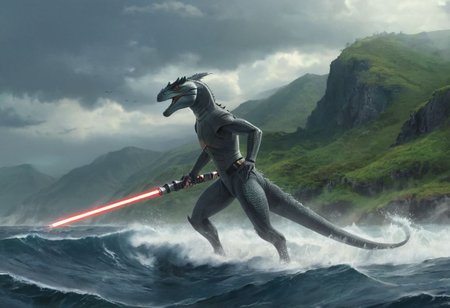 star-wars style spaceship, a (solo:1.5) black white lizard in (star wars armor)  katana sword on belt  (cockpit instruments view:1.5)  (ocean:0.5) (waves:0.5), in the middle of sea, 
dawn, heavy rain, wind, windy, typhoon, hurricane, tropical storm, fog, mountain, sky, cloud, deluge, rainforest, 
scenic background, epic landscape, scenery artwork, beautiful concept art, highly detailed, dynamic lighting, cinematic, anime screencap in mnst artstyle, (soft focus),full body character portrait landscape, <lora:AddDetail:1.6>,