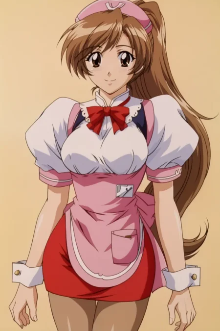score_9, best, masterpiece, uncensored,
1girl, solo, retro artstyle, 1990s (style), slight smile, empty hands,
(TakasakiTomoe:1.5), waitress, wrist cuffs, apron, puffy short sleeves, maid headdress,  red neck bow, pantyhose,
<lora:MagicalKananWaitresses_V4:0.8>​​​