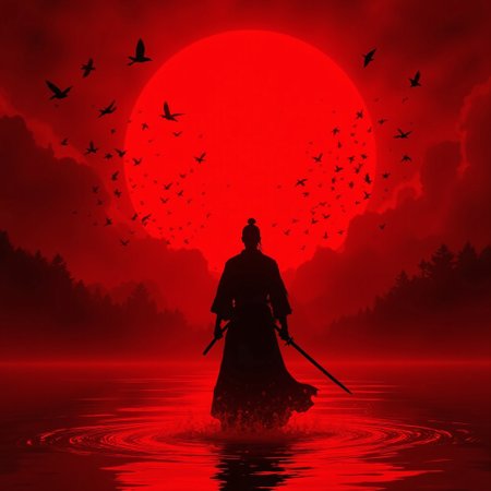 
Silhouette of a lone warrior, wielding a katana, in a dramatic red-toned landscape.  Crimson sunset sky, vibrant and intense, forms a backdrop for the figure.  Large, ominous flock of birds fills the space around the sun.  Warrior is positioned in a serene, yet determined stance.  Dark, shadowy silhouette on a  fiery red water; deep crimson hues dominate the composition, creating a dramatic and somber atmosphere. The warrior's clothing resembles traditional Japanese attire, implied by the silhouette.  Perspective is a mid-shot, focusing on the figure's pose and the intense atmosphere.  The composition and perspective of the image are centered around the central figure of the warrior. The mood is intense and somber, with a sense of urgency and conflict.  Paint-like textures, with visible brushstrokes, suggest a painterly approach. The style is reminiscent of dramatic Japanese manga and anime, and conveys a strong, dramatic message.  Intense color palette, and a deep sense of drama contribute to the overall somber and violent mood.