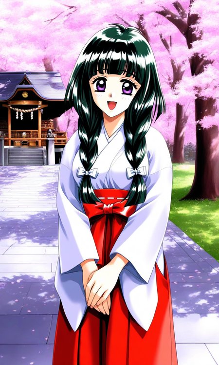 general,highres, ultra-detailed,very aesthetic,best quality ,best hands, BREAK  <lora:Kamiyama_Miko_kakyuusei_Ver2.0_IS:1>Kamiyama_Miko(kakyuusei), 1girl, solo, dark green hair,, long hair, purple eyes, twin braids, white bow, blunt bangs, hair bow, medium breasts, smile, open mouth,
hair over shoulder, japanese white clothes, miko, red hakama, shrine, cherry blossom,
v arms,
shrine, cherry blossom,