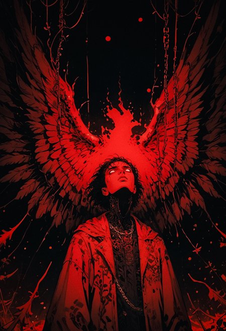 score_9, score_8_up, score_7_up, solo, 1boy, upper body, no pupils, blank eyes, falling, 1arm up, reaching, male focus, arms up, hands up, dripping, chaos, black background, red theme, abstract, dark aesthetic, Sinozick, wings, multiple wings, robotic circuits, looking up, flat, retro, dated, f3nn3r, dark theme, gloomy, chain, wires, <lora:sdxl_lightning_8step_lora:1> <lora:Art_Adams_Style_Pony_XL:0.4> <lora:Dark_Anime:0.2> <lora:glowneon_xl_v1:0.4> <lora:nostalgia-000011:0.4>   <lora:Sinozick2:0.4>   <lora:f3nn3rXLP:0.8>