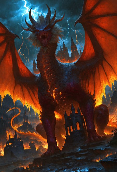 game of thrones \(series\), masterpiece, best quality, good quality, very aesthetic, absurdres, very awa, newest, full body, dutch angle, top view, cinematic shot, solo, giant dragon, majestic, span wings, twisted horns, long horns, teeth, guarding castle, claw on castle, detailed textures, scale texture, colossal, castle, lightning, heavy raining, roar, fire dragon, photorealistic, highly detailed, intricate, 748cmstyle, usnr, gbf_style, <lora:745cmSDXLvpred75S:0.7>, <lora:USNR STYLE_XL_loha:0.5>, <lora:add-detail-xl:1>, <lora:GBF_Illustrious:0.5>