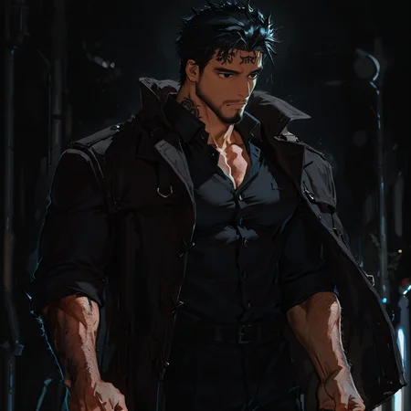 <lora:Sol__Alchemist_Code-000005:.75>, tagatamesol, sol_black hair, sol_black eyes, 1boy, short hair, solo, male focus, manly, bara, mature male, muscle body, tattoo on forehead, coat, collared shirt, pants, shoes,
{upper body|cowboy shot}, 
(very short hair), male focus, muscular male, large pectorals, muscular male, bara, mature, (hairy body, hairy, body hair, arm hair, leg hair, hairy body, glossy skin, bara, mature, facial hair, beard, full beard, sideburn, mustache, stubble), facial hair, bara, mature, body hair, aixiwuganda_(20222192), very awa, masterpiece, best quality, absurdres, newest, perfect quality, detailed background, intricate details,<lora:slider_Body Type_alpha1.0_rank4_noxattn_last:2><lora:Anime Summer Days 2 Style SDXL_LoRA_Pony Diffusion V6 XL:.6><lora:merged:.7>, DARK, DARK BACKGROUND, LOW-KEY LIGHTING <lora:slider_cfg_scale_boost:.7><lora:Artist6p:.55>, Artist6p, Artist04p,<lora:slider_il_brightness_slider_d1:-.5><lora:slider_il_contrast_slider_d1:-.25>,<lora:slider_contract_controller_illus01_v1:.3>, <lora:addon_illustriousXLv01_stabilizer_v1.121:.5>,<lora:slider_DarkSlider1.2_alpha1.0_rank16_full_300steps:-.2><lora:Heavenly_Beauty_r1:1>, (heavenlybeauty,)<lora:slider_style_strength_controller_illus01_v1:.25>